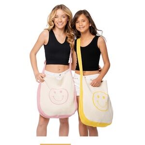 Large Smiley Face tote bag woven knit yellow & cream